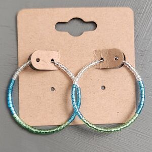 Multi-colored Green Blue Beaded Hoop Earrings
